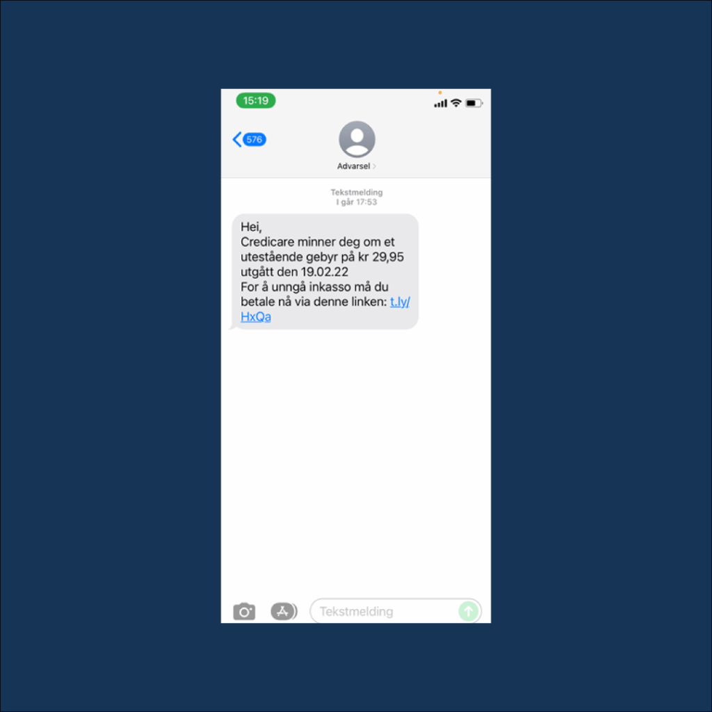 Skjermdump med eksempel på falske SMS-er med CrediCare som avsender