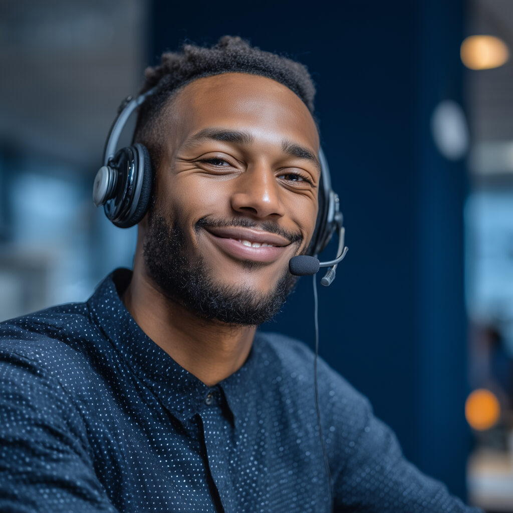 En smilende mann med kort hår og skjegg sitter med et headset på seg, klar til å hjelpe som kundeservicemedarbeider. Han har på seg en mørk, prikkete skjorte og befinner seg i et moderne kontormiljø.