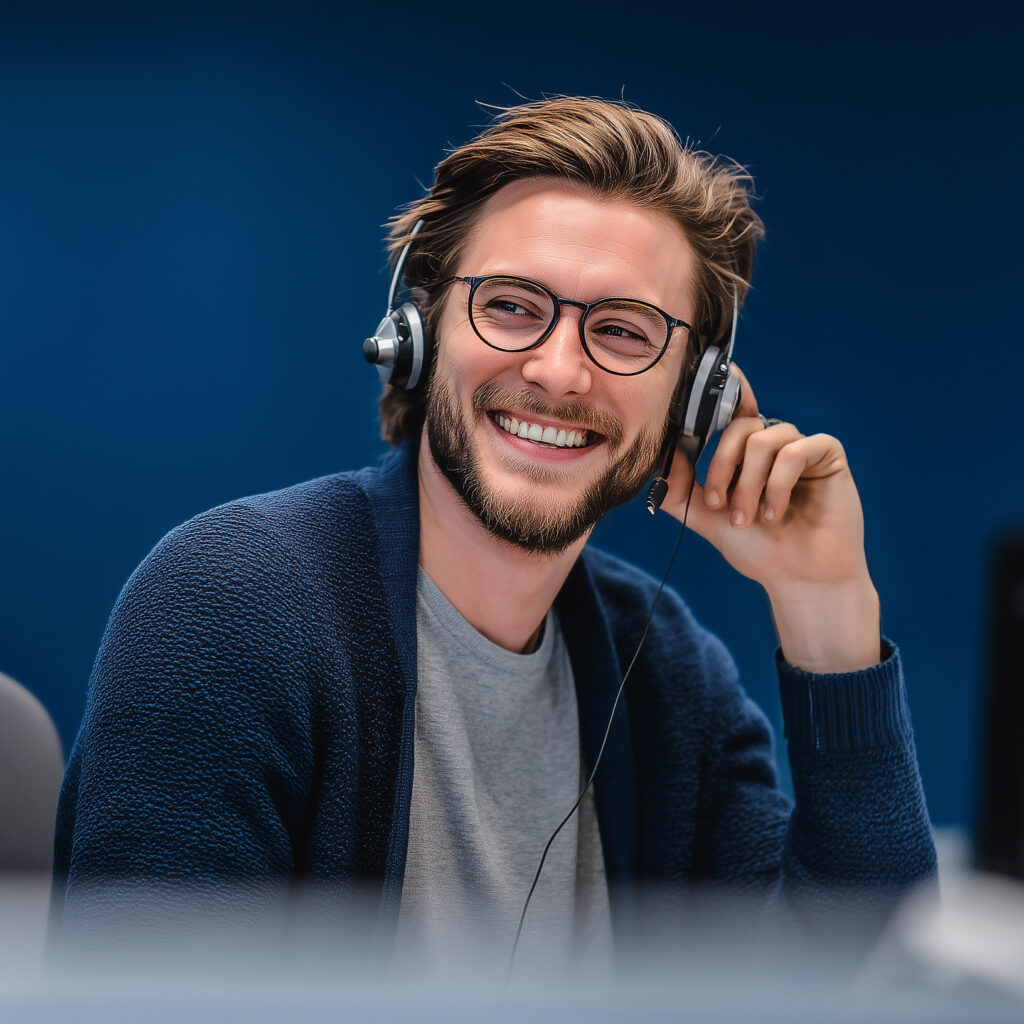 En smilende mann med briller og headset sitter ved en dataskjerm i et kontormiljø. Han har mørkeblondt hår, skjegg, og er kledd i en grå t-skjorte og mørk cardigan.