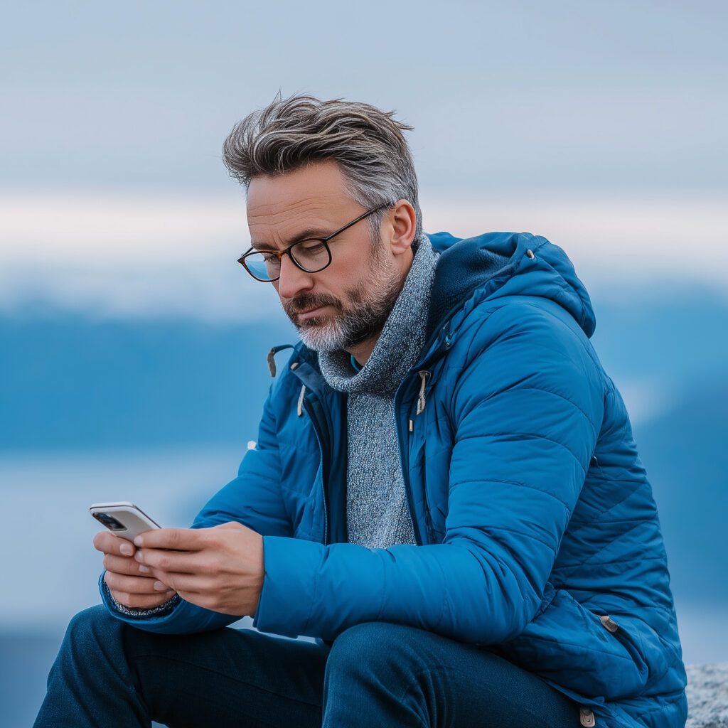 En alvorlig mann som sitter utendørs iført blå vinterjakke og grått skjerf. Han ser ned på en smarttelefon han holder i hendene.