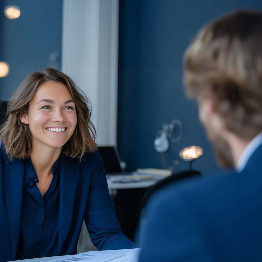 Smilende kvinne i blå dressjakke i samtale med en mann på kontor.
